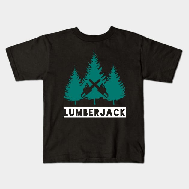 Lumberjack Pine Trees and Crossed Chainsaws Kids T-Shirt by HighBrowDesigns